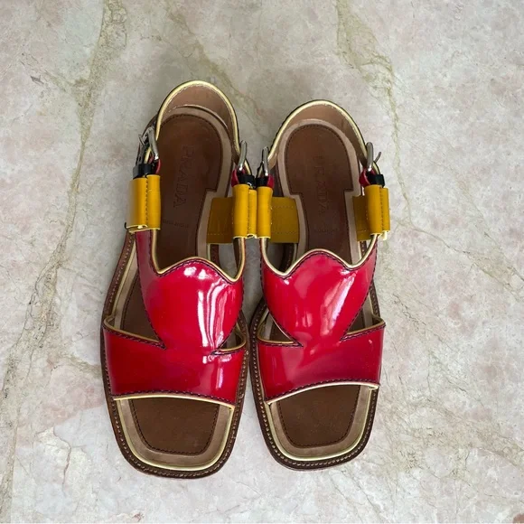 Prada designer red & yellow patent leather block heel sandals - Picture 8 of 8